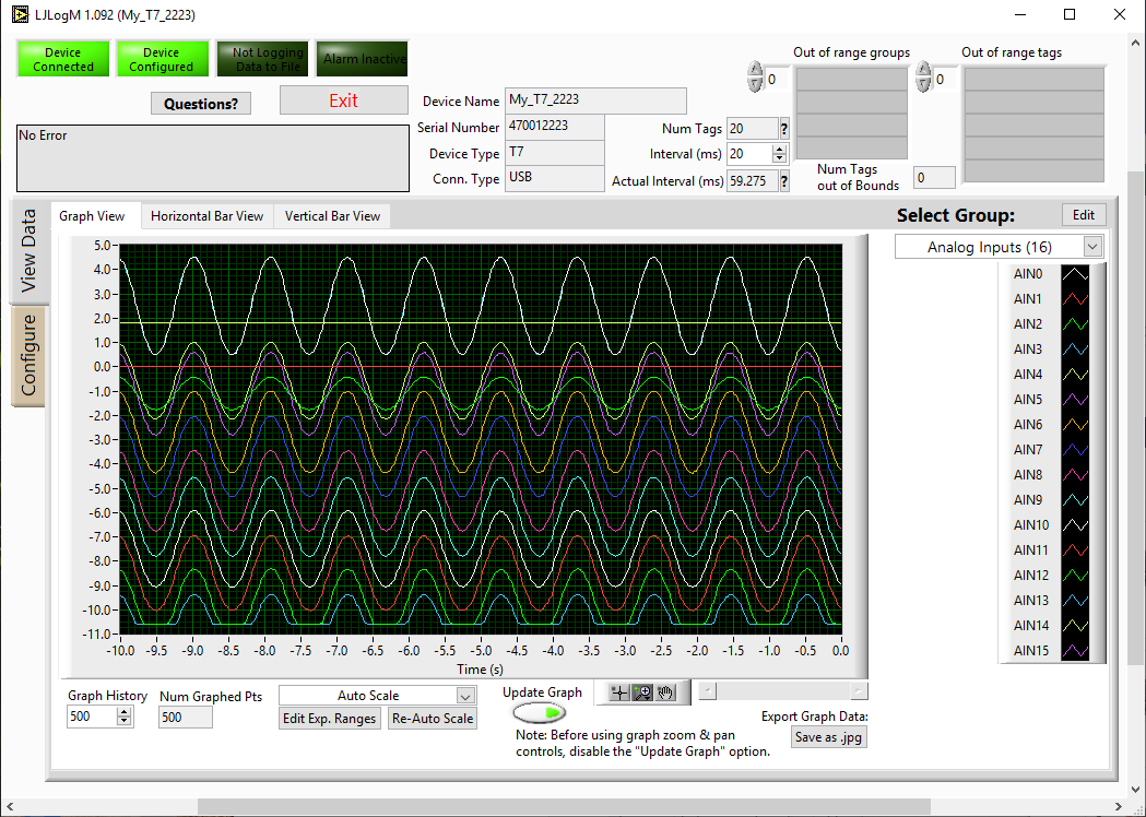 LJLogM-Beta, a Windows LabVIEW based DAQ application for T-Series devices.